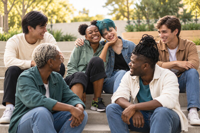 Diverse group of adults sharing connection and community, representing inclusive, affirming psychotherapy for people of different identities and backgrounds