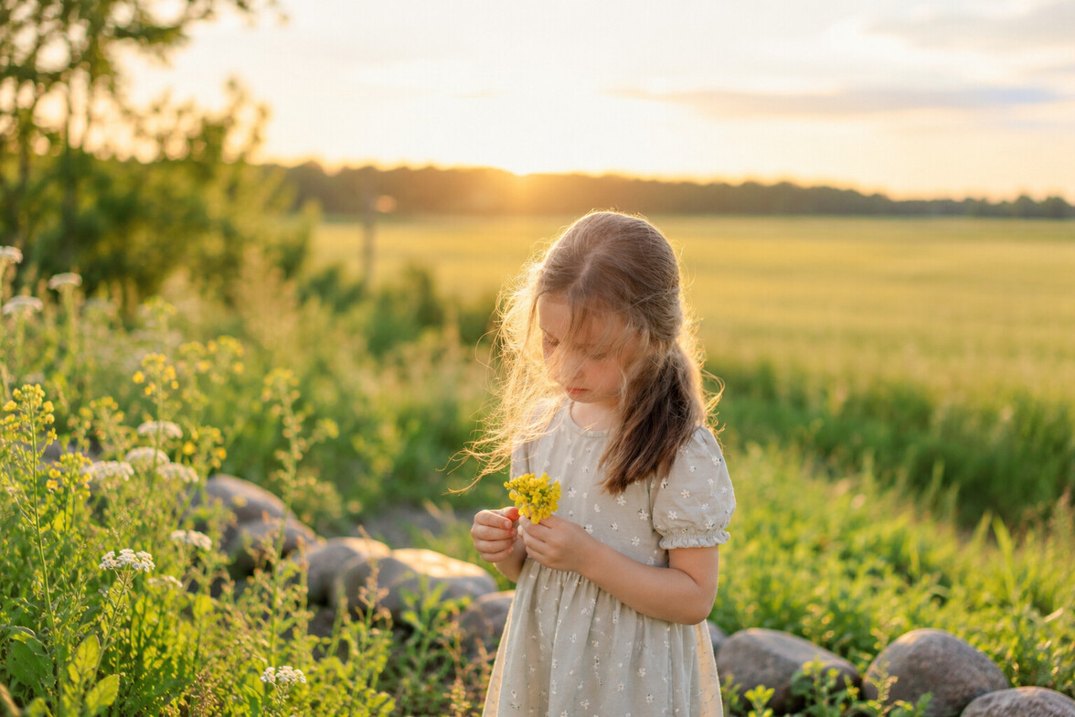 Young girl holding flowers outdoors, representing childhood experiences and the lasting impact of complex trauma.