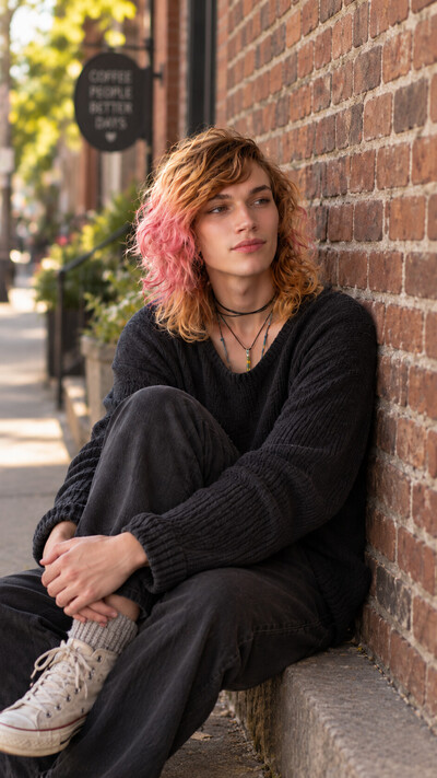 Transgender adult leaning against red brick wall, representing inclusive trauma and PTSD therapy in Ottawa and online across Ontario.